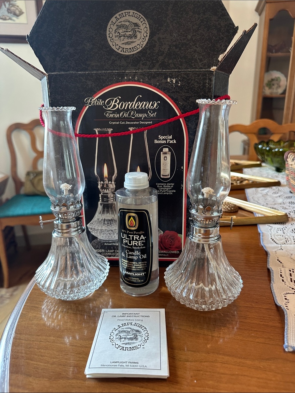 Vintage Petite Bordeaux Clear Glass Oil Lamp Set with Ultra-Pure Lamp Oil - NIB